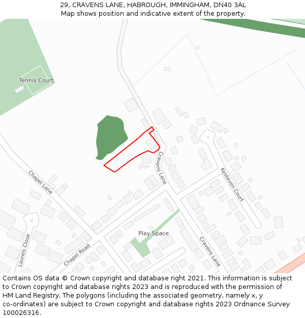 29, CRAVENS LANE, HABROUGH, IMMINGHAM, DN40 3AL: Location map and indicative extent of plot