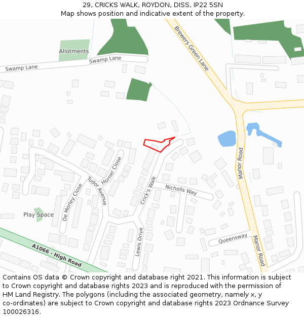 29, CRICKS WALK, ROYDON, DISS, IP22 5SN: Location map and indicative extent of plot