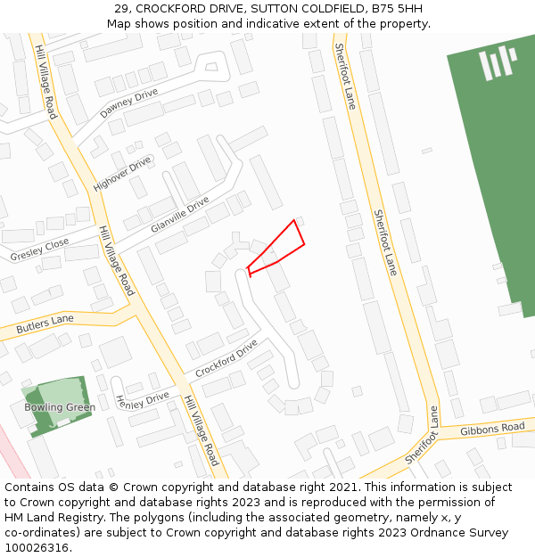 29, CROCKFORD DRIVE, SUTTON COLDFIELD, B75 5HH: Location map and indicative extent of plot