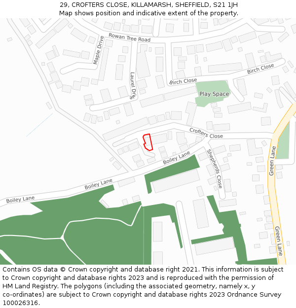 29, CROFTERS CLOSE, KILLAMARSH, SHEFFIELD, S21 1JH: Location map and indicative extent of plot