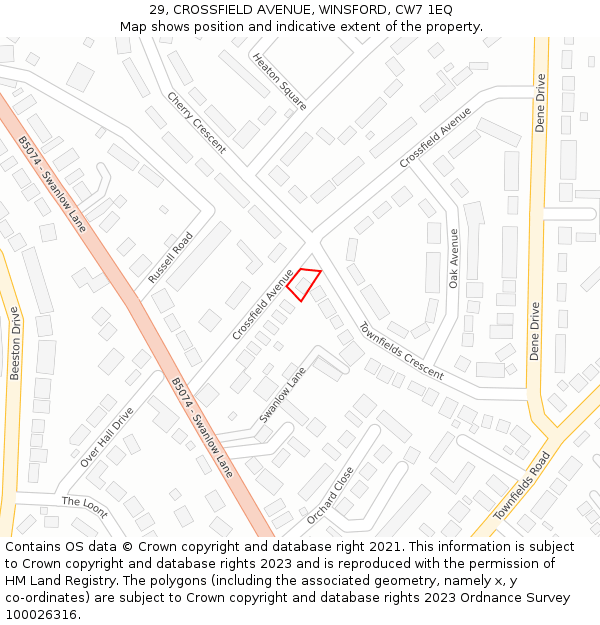 29, CROSSFIELD AVENUE, WINSFORD, CW7 1EQ: Location map and indicative extent of plot