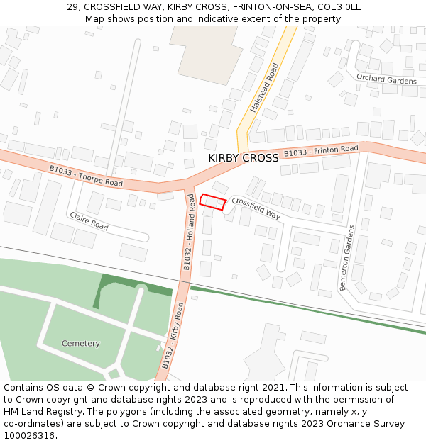 29, CROSSFIELD WAY, KIRBY CROSS, FRINTON-ON-SEA, CO13 0LL: Location map and indicative extent of plot