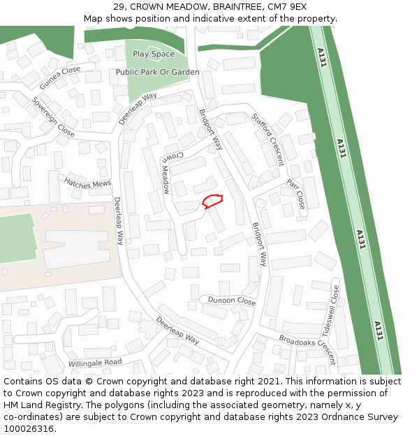 29, CROWN MEADOW, BRAINTREE, CM7 9EX: Location map and indicative extent of plot