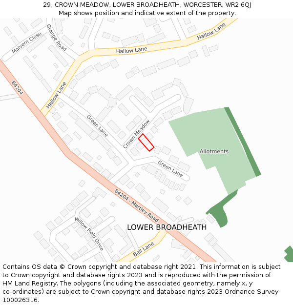 29, CROWN MEADOW, LOWER BROADHEATH, WORCESTER, WR2 6QJ: Location map and indicative extent of plot