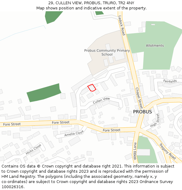 29, CULLEN VIEW, PROBUS, TRURO, TR2 4NY: Location map and indicative extent of plot