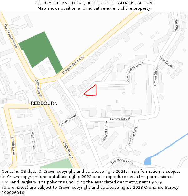 29, CUMBERLAND DRIVE, REDBOURN, ST ALBANS, AL3 7PG: Location map and indicative extent of plot