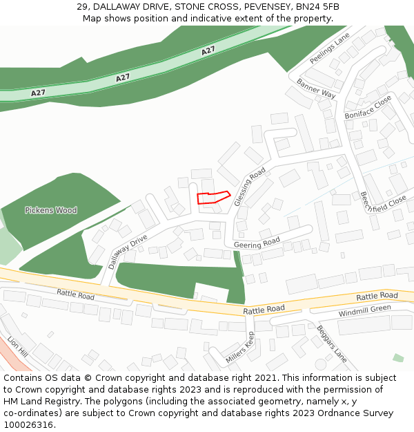 29, DALLAWAY DRIVE, STONE CROSS, PEVENSEY, BN24 5FB: Location map and indicative extent of plot