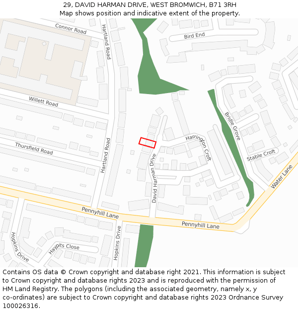 29, DAVID HARMAN DRIVE, WEST BROMWICH, B71 3RH: Location map and indicative extent of plot