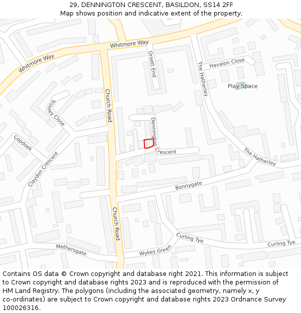 29, DENNINGTON CRESCENT, BASILDON, SS14 2FF: Location map and indicative extent of plot