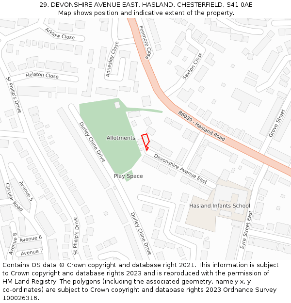 29, DEVONSHIRE AVENUE EAST, HASLAND, CHESTERFIELD, S41 0AE: Location map and indicative extent of plot