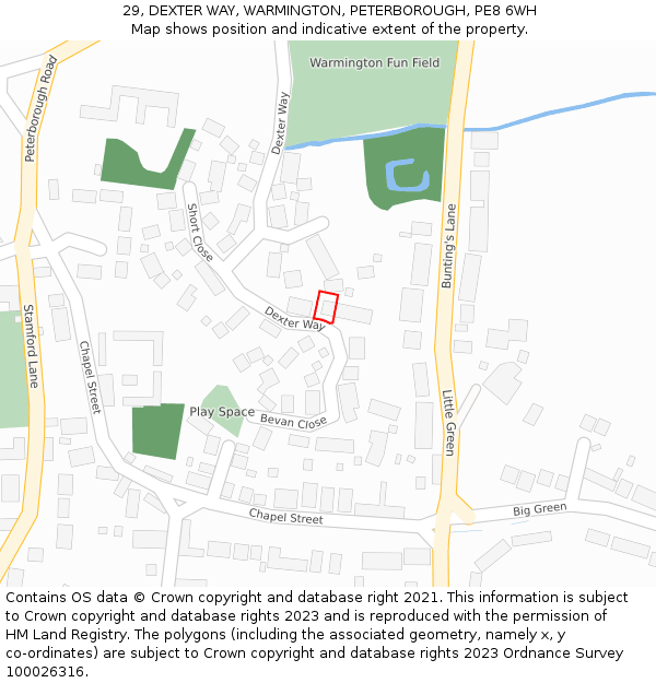 29, DEXTER WAY, WARMINGTON, PETERBOROUGH, PE8 6WH: Location map and indicative extent of plot