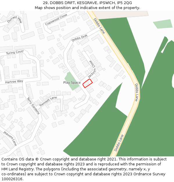 29, DOBBS DRIFT, KESGRAVE, IPSWICH, IP5 2QG: Location map and indicative extent of plot