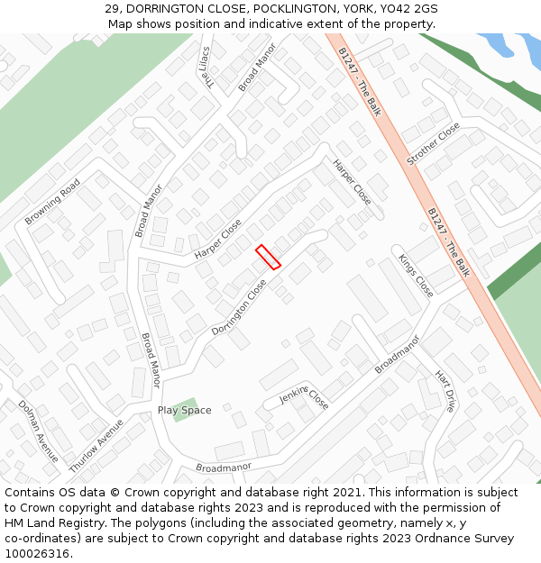 29, DORRINGTON CLOSE, POCKLINGTON, YORK, YO42 2GS: Location map and indicative extent of plot
