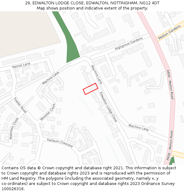 29, EDWALTON LODGE CLOSE, EDWALTON, NOTTINGHAM, NG12 4DT: Location map and indicative extent of plot