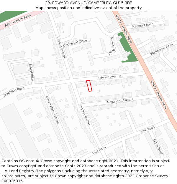 29, EDWARD AVENUE, CAMBERLEY, GU15 3BB: Location map and indicative extent of plot