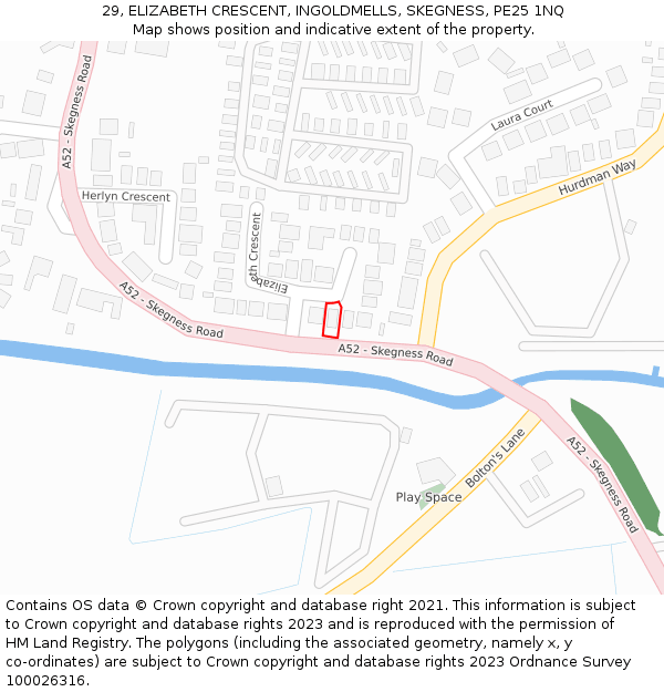 29, ELIZABETH CRESCENT, INGOLDMELLS, SKEGNESS, PE25 1NQ: Location map and indicative extent of plot