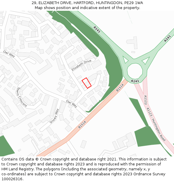 29, ELIZABETH DRIVE, HARTFORD, HUNTINGDON, PE29 1WA: Location map and indicative extent of plot