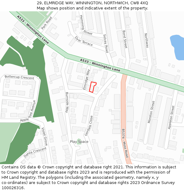 29, ELMRIDGE WAY, WINNINGTON, NORTHWICH, CW8 4XQ: Location map and indicative extent of plot
