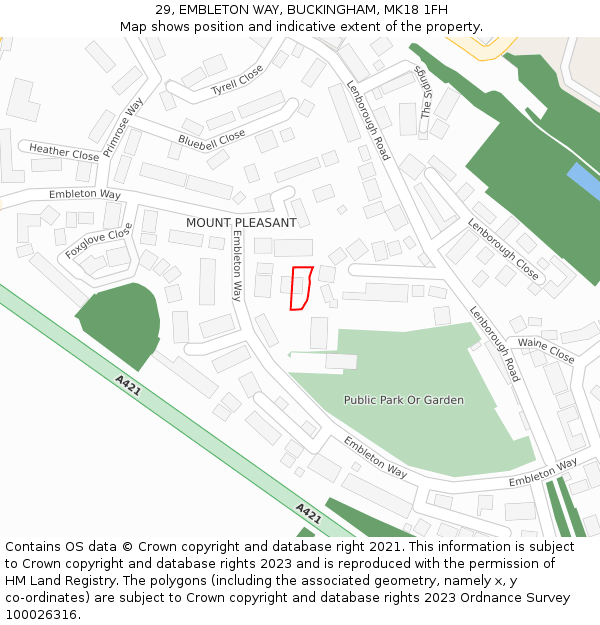 29, EMBLETON WAY, BUCKINGHAM, MK18 1FH: Location map and indicative extent of plot