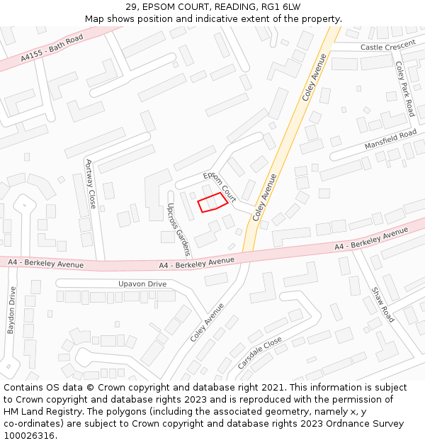 29, EPSOM COURT, READING, RG1 6LW: Location map and indicative extent of plot