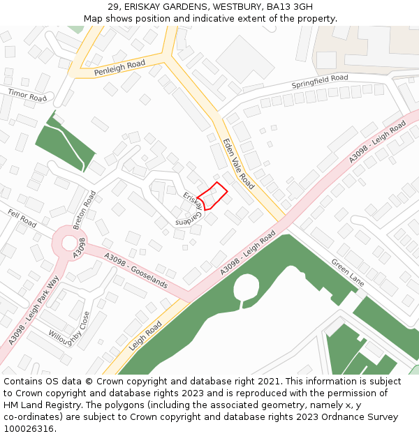 29, ERISKAY GARDENS, WESTBURY, BA13 3GH: Location map and indicative extent of plot