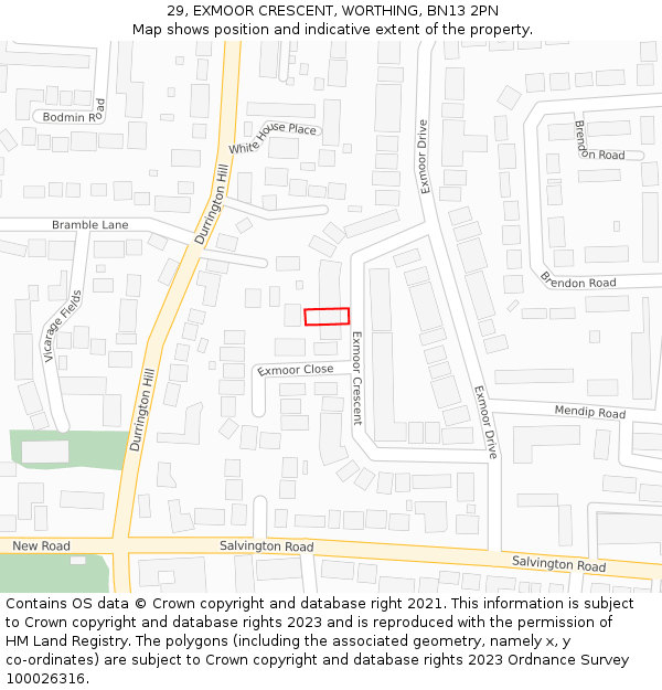 29, EXMOOR CRESCENT, WORTHING, BN13 2PN: Location map and indicative extent of plot