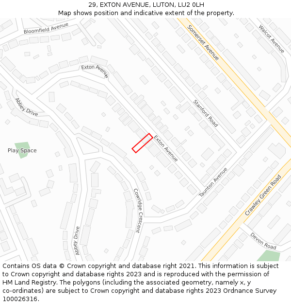 29, EXTON AVENUE, LUTON, LU2 0LH: Location map and indicative extent of plot