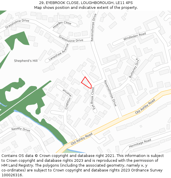 29, EYEBROOK CLOSE, LOUGHBOROUGH, LE11 4PS: Location map and indicative extent of plot