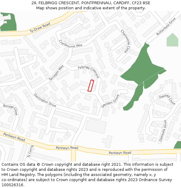 29, FELBRIGG CRESCENT, PONTPRENNAU, CARDIFF, CF23 8SE: Location map and indicative extent of plot