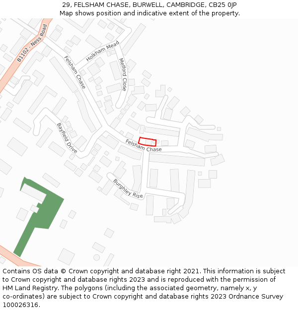29, FELSHAM CHASE, BURWELL, CAMBRIDGE, CB25 0JP: Location map and indicative extent of plot