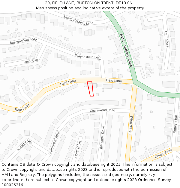 29, FIELD LANE, BURTON-ON-TRENT, DE13 0NH: Location map and indicative extent of plot