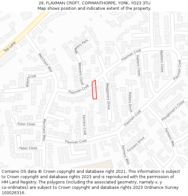 29, FLAXMAN CROFT, COPMANTHORPE, YORK, YO23 3TU: Location map and indicative extent of plot