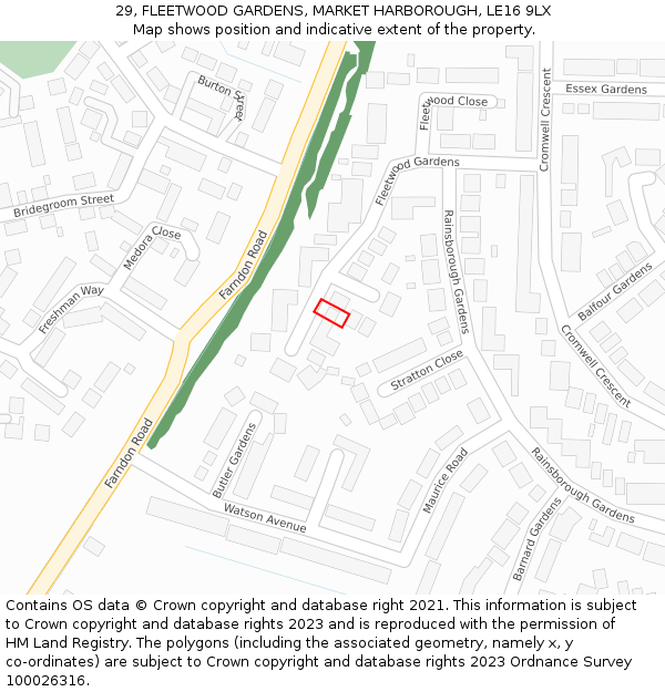 29, FLEETWOOD GARDENS, MARKET HARBOROUGH, LE16 9LX: Location map and indicative extent of plot