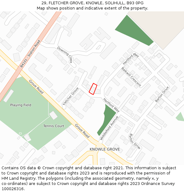 29, FLETCHER GROVE, KNOWLE, SOLIHULL, B93 0PG: Location map and indicative extent of plot