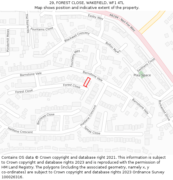 29, FOREST CLOSE, WAKEFIELD, WF1 4TL: Location map and indicative extent of plot