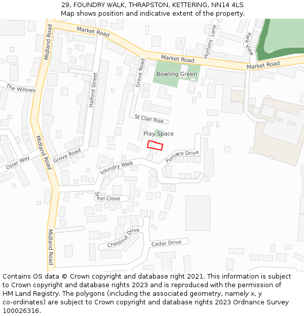 29, FOUNDRY WALK, THRAPSTON, KETTERING, NN14 4LS: Location map and indicative extent of plot