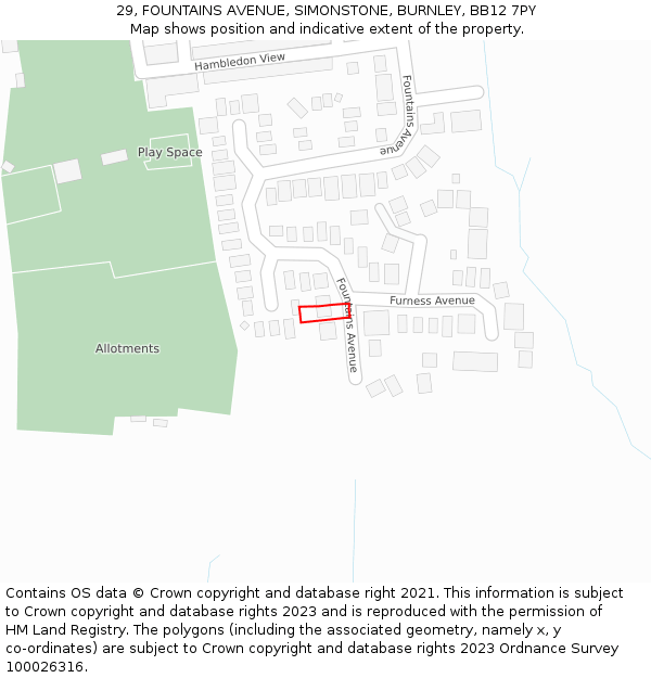 29, FOUNTAINS AVENUE, SIMONSTONE, BURNLEY, BB12 7PY: Location map and indicative extent of plot