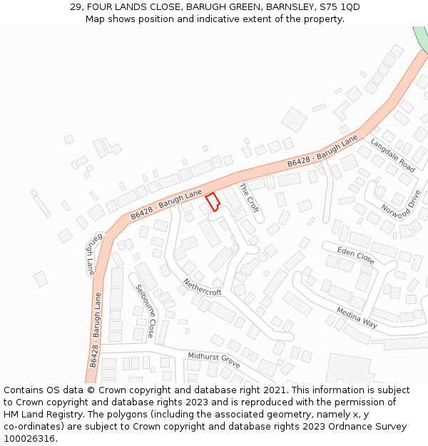 29, FOUR LANDS CLOSE, BARUGH GREEN, BARNSLEY, S75 1QD: Location map and indicative extent of plot