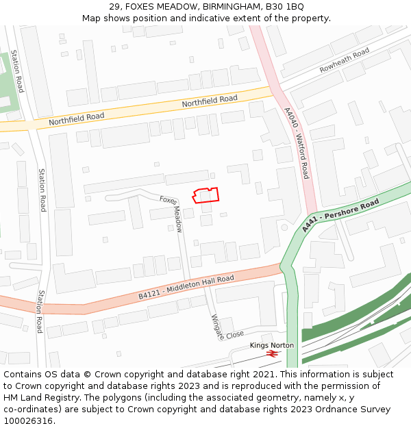 29, FOXES MEADOW, BIRMINGHAM, B30 1BQ: Location map and indicative extent of plot