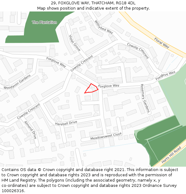 29, FOXGLOVE WAY, THATCHAM, RG18 4DL: Location map and indicative extent of plot