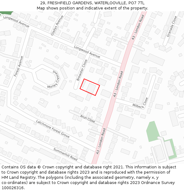 29, FRESHFIELD GARDENS, WATERLOOVILLE, PO7 7TL: Location map and indicative extent of plot