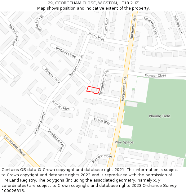 29, GEORGEHAM CLOSE, WIGSTON, LE18 2HZ: Location map and indicative extent of plot