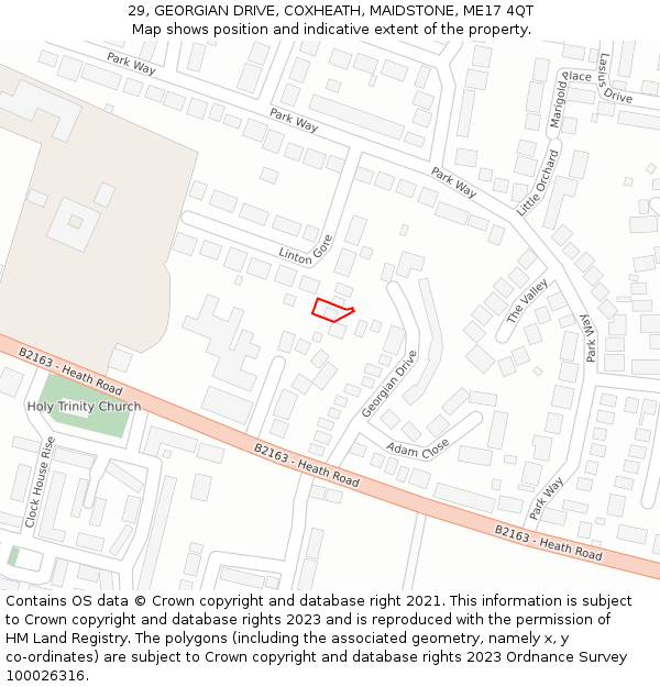 29, GEORGIAN DRIVE, COXHEATH, MAIDSTONE, ME17 4QT: Location map and indicative extent of plot