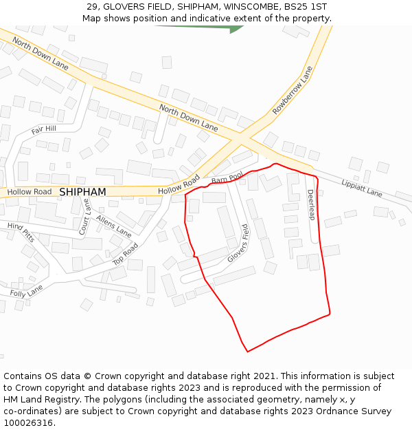 29, GLOVERS FIELD, SHIPHAM, WINSCOMBE, BS25 1ST: Location map and indicative extent of plot