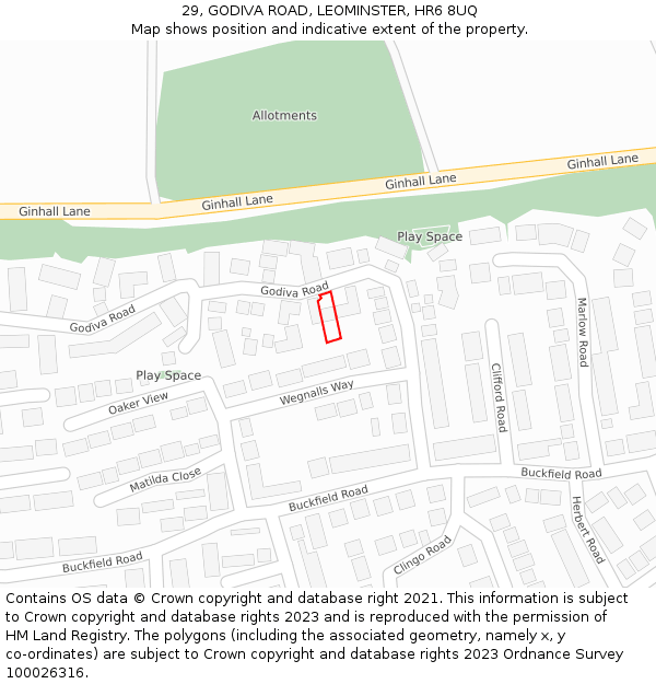 29, GODIVA ROAD, LEOMINSTER, HR6 8UQ: Location map and indicative extent of plot