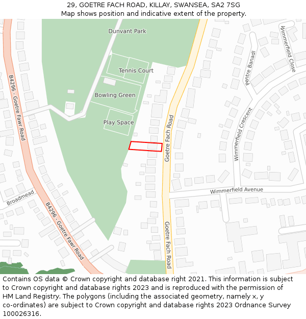 29, GOETRE FACH ROAD, KILLAY, SWANSEA, SA2 7SG: Location map and indicative extent of plot