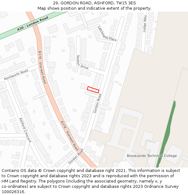 29, GORDON ROAD, ASHFORD, TW15 3ES: Location map and indicative extent of plot