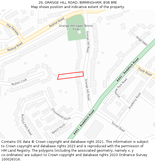 29, GRANGE HILL ROAD, BIRMINGHAM, B38 8RE: Location map and indicative extent of plot