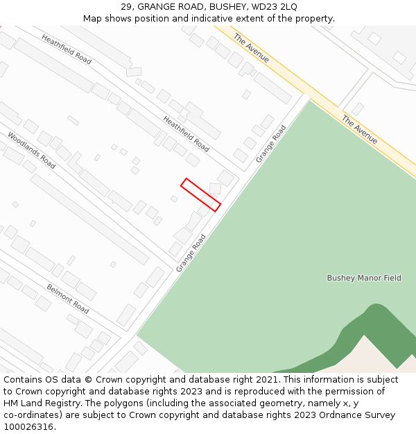 29, GRANGE ROAD, BUSHEY, WD23 2LQ: Location map and indicative extent of plot