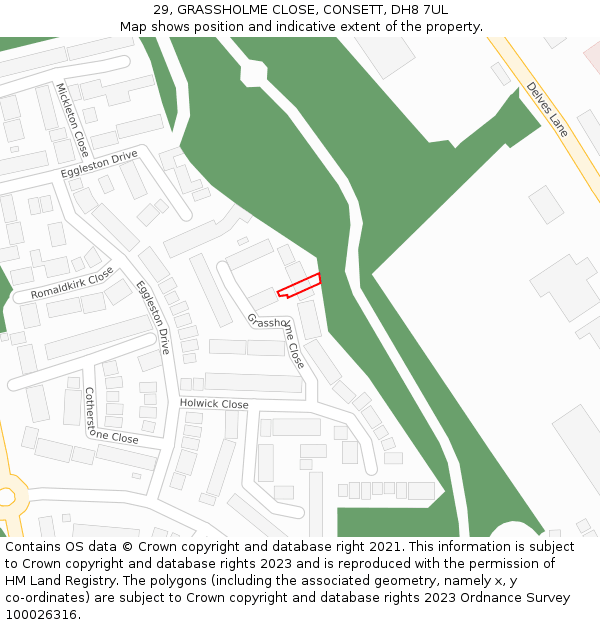 29, GRASSHOLME CLOSE, CONSETT, DH8 7UL: Location map and indicative extent of plot